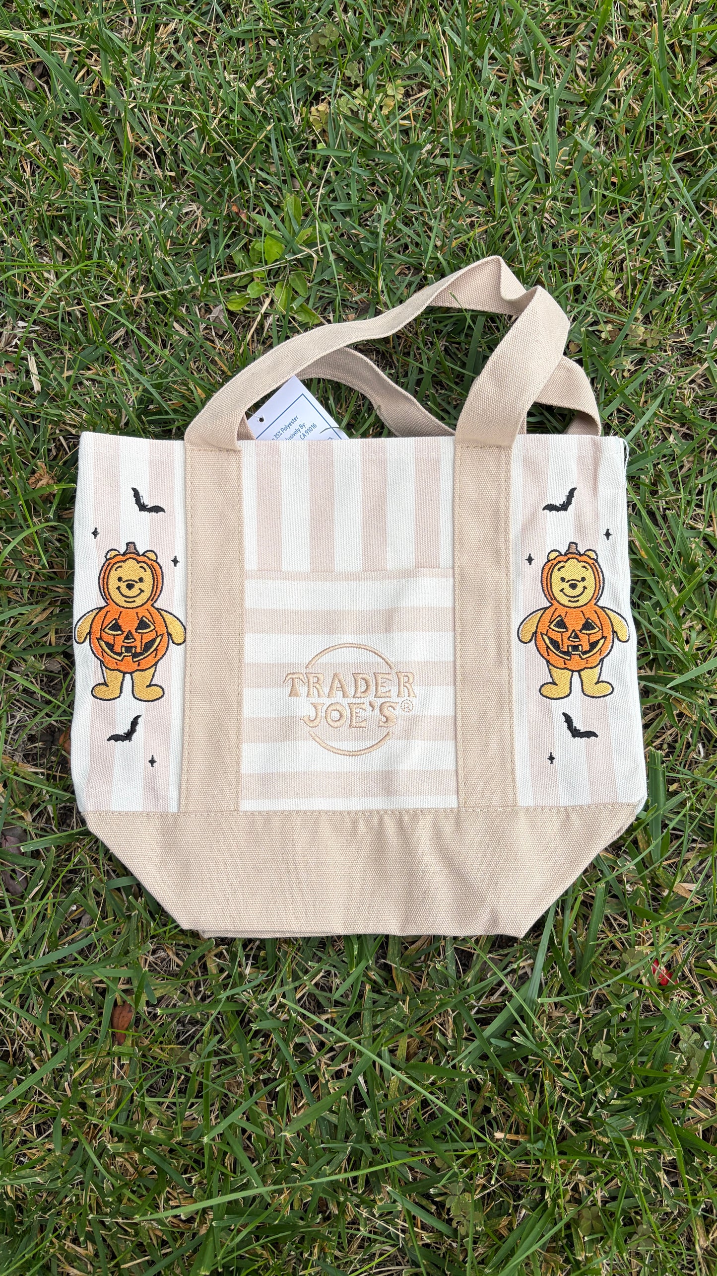 RTS Mini Pumpkin Pooh Striped Beige Embroidered Tote