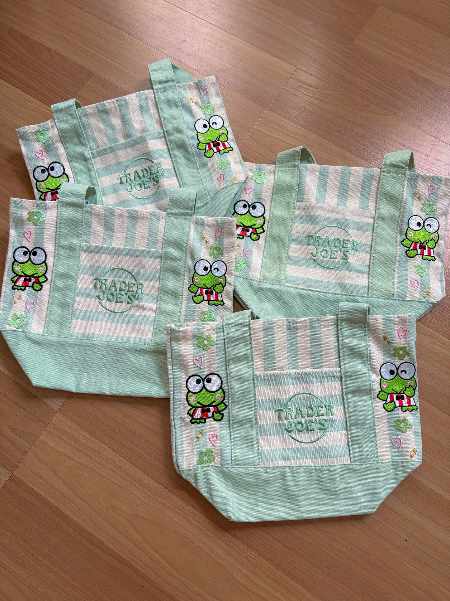 RTS Mini Keroppi Striped Green Embroidered Tote
