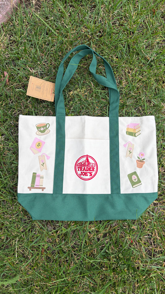 RTS Large Books Forest Embroidered Tote