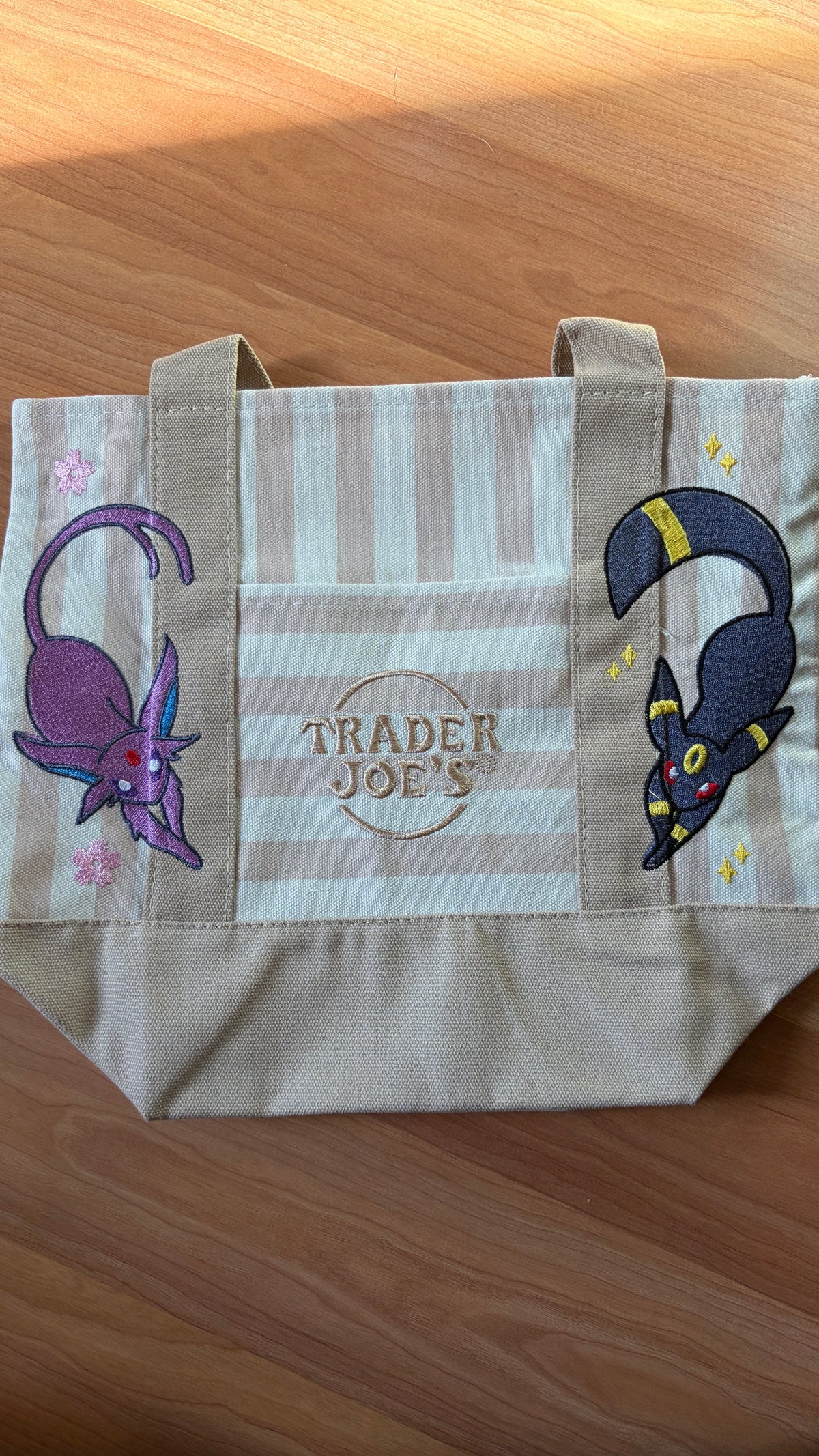 RTS Mini Striped Beige Espeon and Umbreon Embroidered Tote