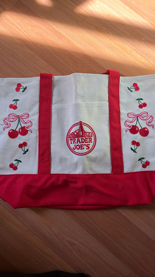 RTS Large Red Cherries Embroidered Tote
