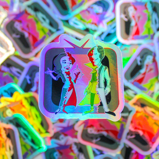 Superhero Couple Television Holographic Sticker